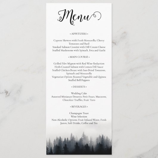 Minimale mistige sparren bos natuur bruiloft menu (Voorkant)