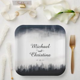 Minimale mistige sparren bos natuur bruiloft papieren bordje