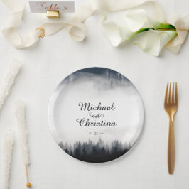 Minimale mistige sparren bos natuur bruiloft papieren bordje