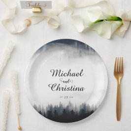 Minimale mistige sparren bos natuur bruiloft papieren bordje