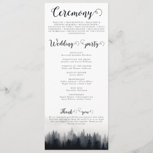 Minimale mistige sparren bos natuur bruiloft programmakaart (Achterkant)