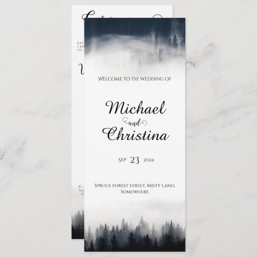 Minimale mistige sparren bos natuur bruiloft programmakaart (Voorkant / Achterkant)