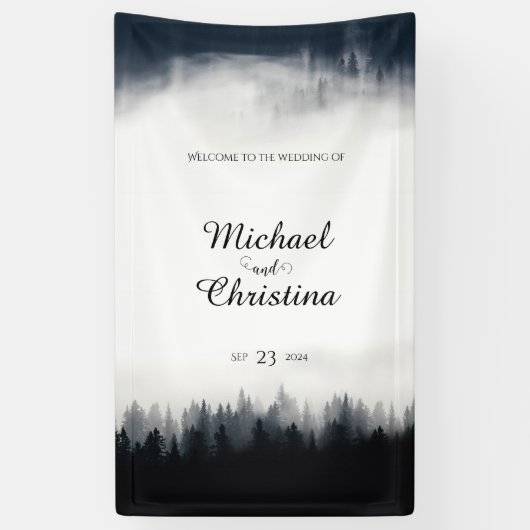 Minimale mistige sparren bos natuur bruiloft spandoek (Verticaal)