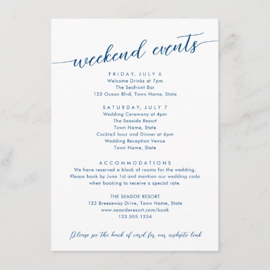 Minimale Modern Navy Blue Hotel en Weekend Eveneme Informatiekaartje (Voorkant)