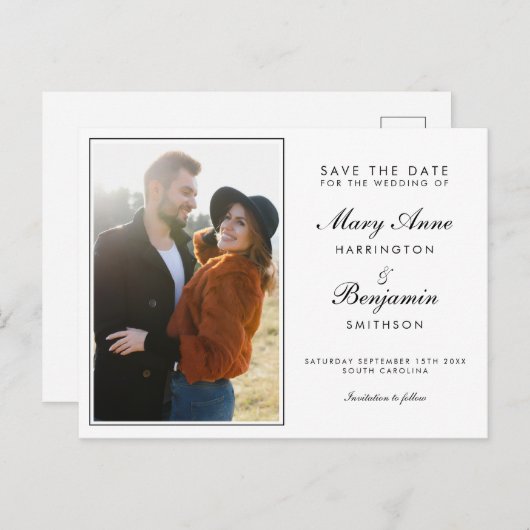 Minimale Modern Zwart Wit Trouwen Save the Date Uitnodiging Briefkaart (Voorkant / Achterkant)