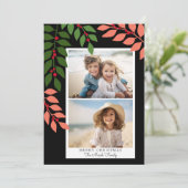 Minimale moderne 2 foto - botanisch koraal zwart feestdagenkaart (Staand voorkant)