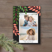 Minimale moderne 2 foto - botanisch koraal zwart feestdagenkaart