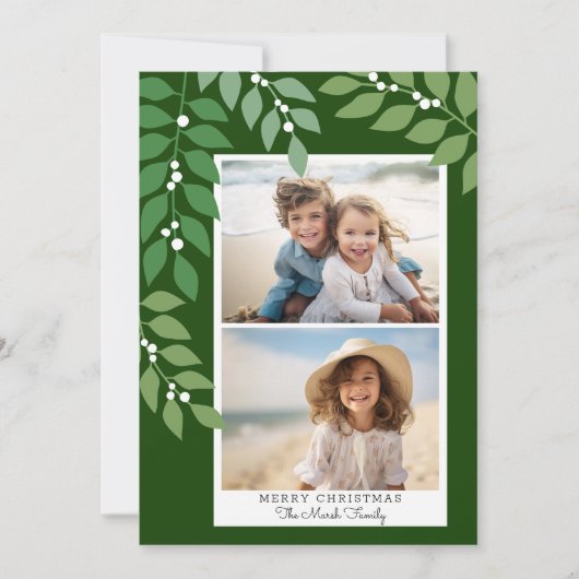 Minimale moderne 2 foto - botanisch olijfgroen feestdagenkaart (Voorkant)