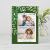 Minimale moderne 2 foto - botanisch olijfgroen feestdagenkaart (Staand voorkant)