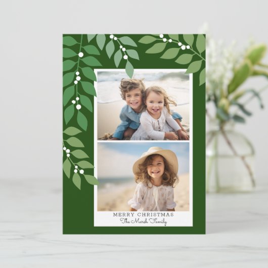 Minimale moderne 2 foto - botanisch olijfgroen feestdagenkaart (Staand voorkant)