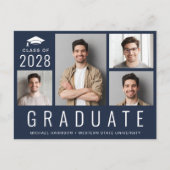 Minimale moderne 4-fotoblauw GraduPartij Uitnodiging Briefkaart (Voorkant)