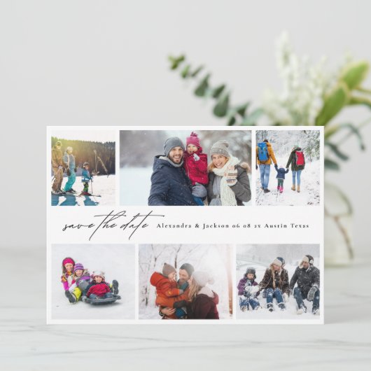 minimale moderne 6 multi Photo Collage bruiloft Save The Date (Staand voorkant)