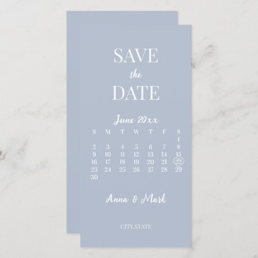 Minimale moderne, blauwe agenda save the date (Voorkant / Achterkant)