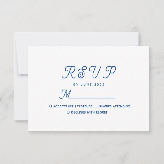 Minimale moderne blauwe bruiloft RSVP kaartje (Voorkant)