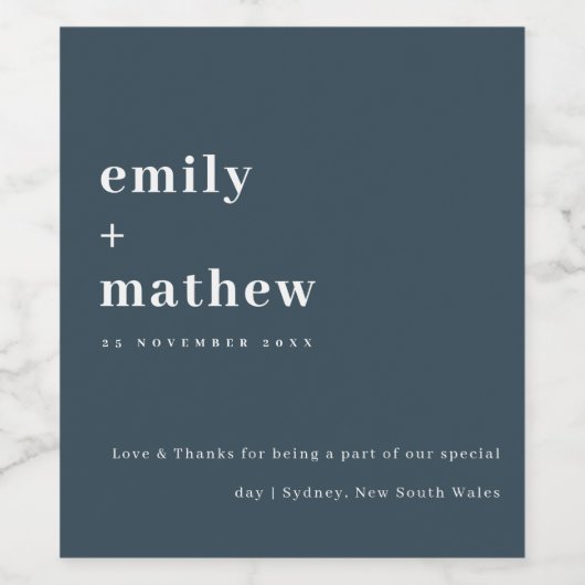 Minimale moderne blauwe typografie bruiloft wijn etiket (Enkel label)