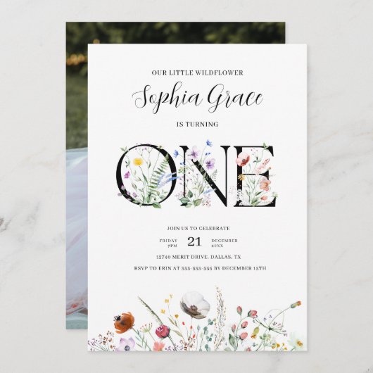 Minimale moderne bloem 1ste verjaardag kaart (Voorkant / Achterkant)