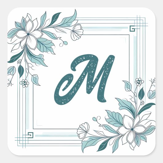 Minimale Moderne Bloemen Wit en Groen Monogram Vierkante Sticker (Voorkant)