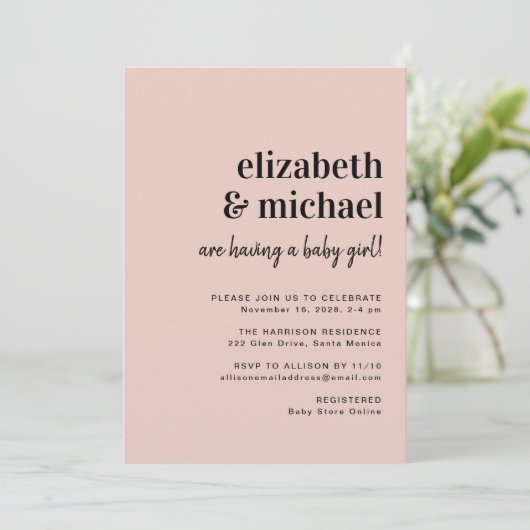 Minimale moderne Blush Couples Baby Girl Shower Kaart (Staand voorkant)