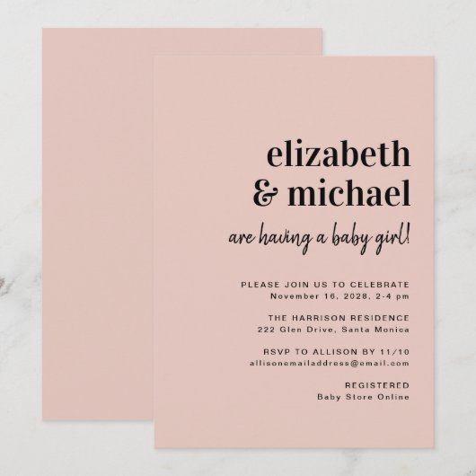 Minimale moderne Blush Couples Baby Girl Shower Kaart (Voorkant / Achterkant)