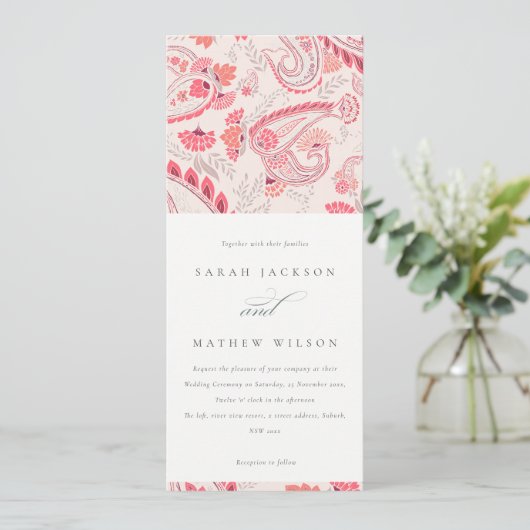 Minimale Moderne Blush Paisley Typography Wedding Kaart (Staand voorkant)
