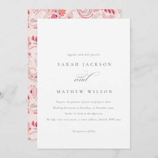 Minimale Moderne Blush Paisley Typography Wedding Kaart (Voorkant / Achterkant)