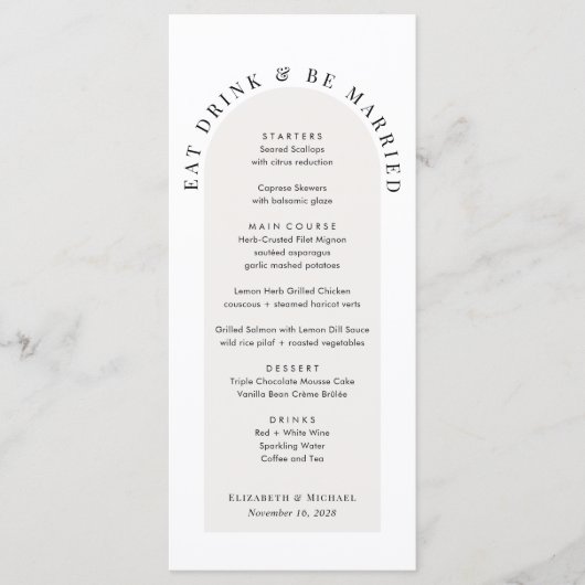 Minimale moderne boog bruiloft menu (Voorkant)