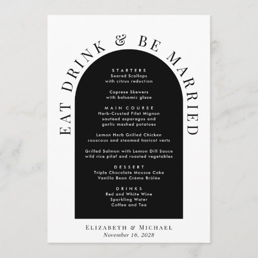 Minimale Moderne Boog Zwart Witte Bruiloft Menu (Voorkant)