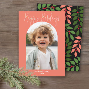 Minimale moderne boogfoto - botanisch koraal zwart feestdagenkaart