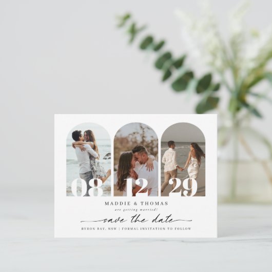 Minimale moderne boogfoto Opslaan Datum Briefkaart (Staand voorkant)