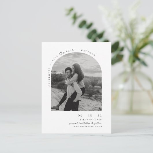 Minimale moderne boogfoto Opslaan Datum Briefkaart (Staand voorkant)