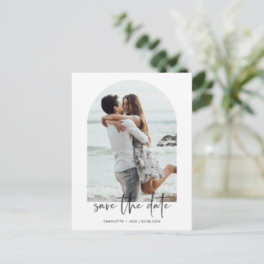 Minimale moderne boogfoto Opslaan Datum Briefkaart (Staand voorkant)