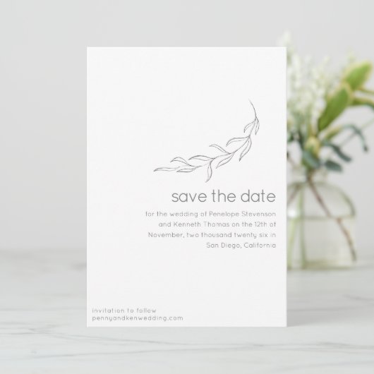 Minimale moderne botanische tekening save the date (Staand voorkant)