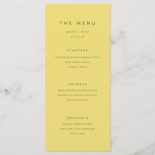Minimale moderne citroengele persoonlijke bruiloft menu (Voorkant)