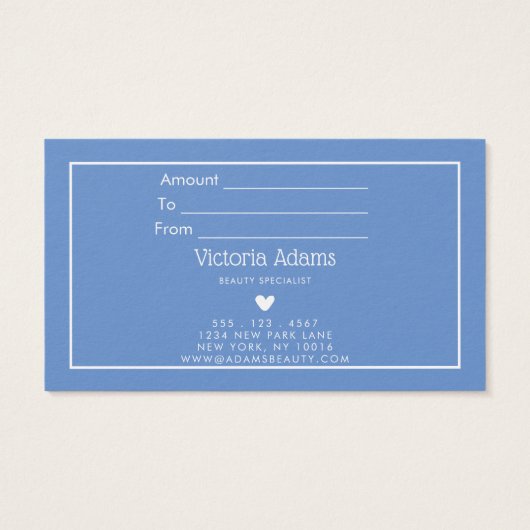 Minimale, moderne Cornflower Blue-cadeaubon Visitekaartje (Achterkant)