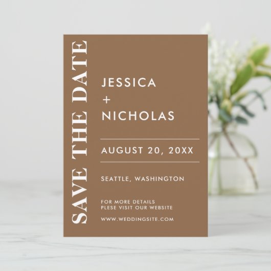 Minimale moderne donkere taupe elegante bruiloft save the date (Staand voorkant)