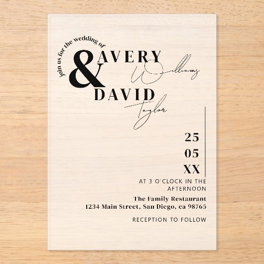 Minimale moderne eenvoudige bruiloft acryl uitnodigingen (Voorkant)