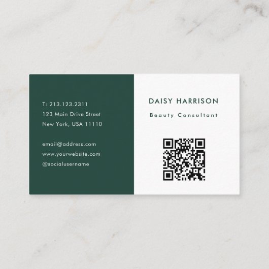 Minimale Moderne Eenvoudige QR Code Wit & Smaragd Visitekaartje (Achterkant)