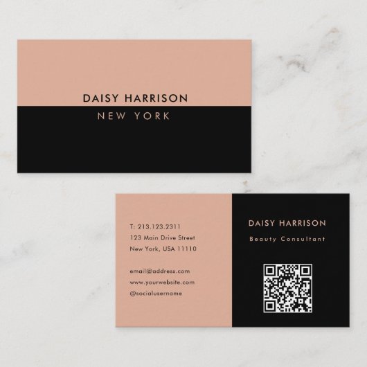 Minimale Moderne Eenvoudige QR Code Zwart & Roze Visitekaartje (Voorkant / Achterkant)