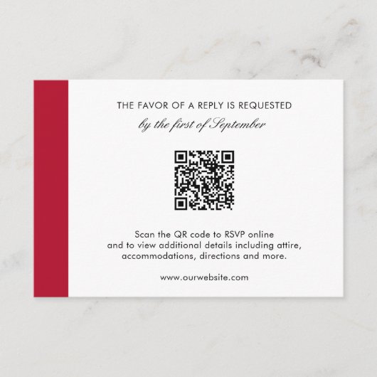 Minimale moderne Elegant Red QR-code bruiloft RSVP Kaartje (Voorkant)