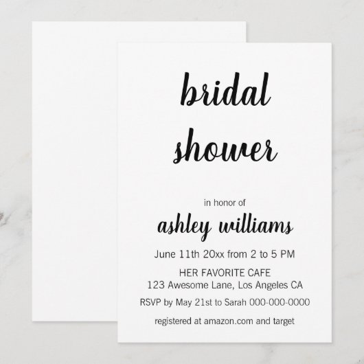 Minimale moderne elegante bridal-showuitnodiging kaart (Voorkant / Achterkant)