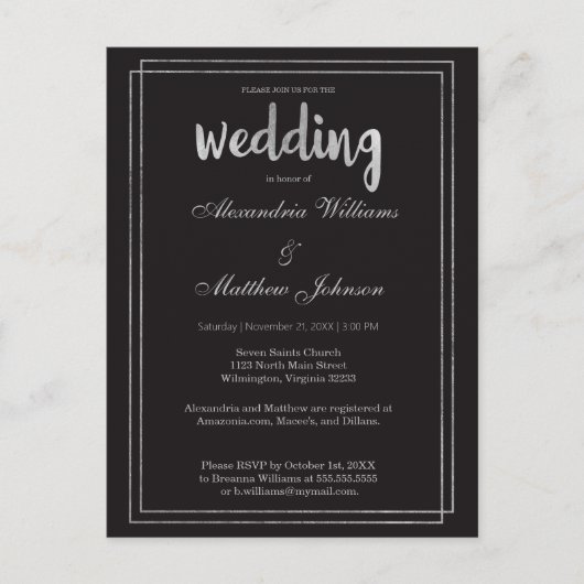 Minimale moderne elegante chique zwart zilveren br uitnodiging briefkaart (Voorkant)