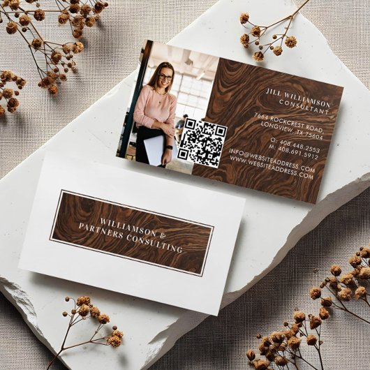 Minimale Moderne Elegante Houtnerf Foto QR Code Visitekaartje