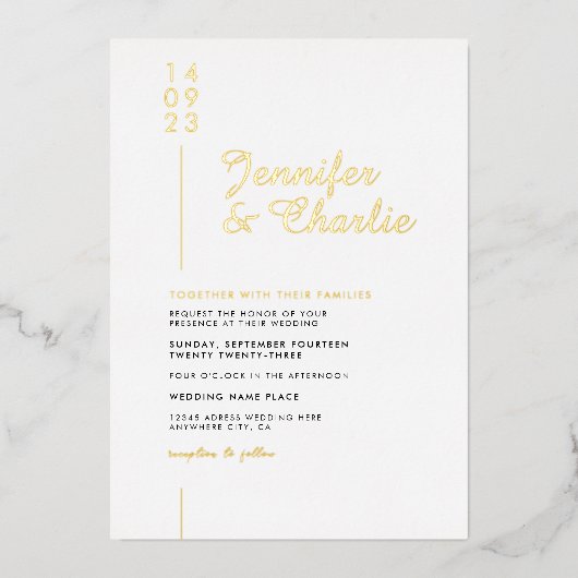 Minimale moderne, formele witte legante bruiloft folie uitnodiging (Voorkant)