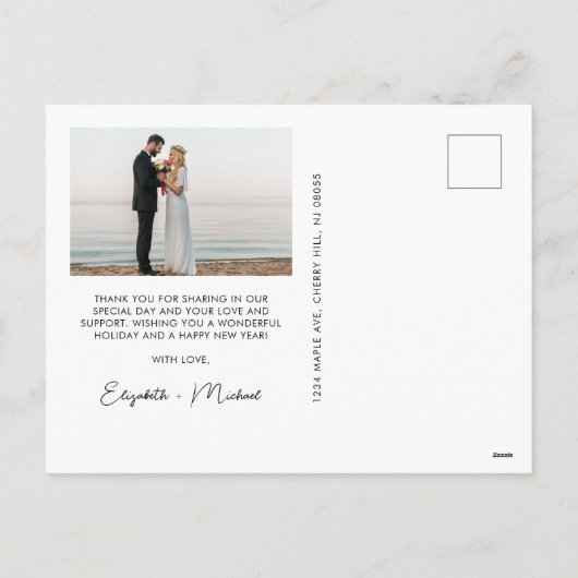 Minimale moderne foto Getrouwd Kerstmis Dusty Blue Feestdagenkaart (Achterkant)