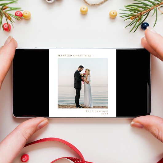 Minimale moderne foto Getrouwd Kerstmis Wit Goud Feestdagenkaart