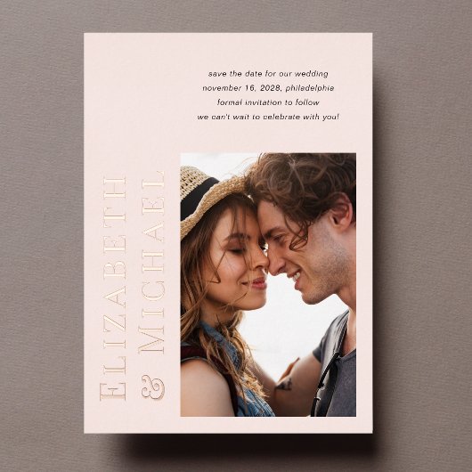 Minimale moderne foto roze save the date folie uitnodiging