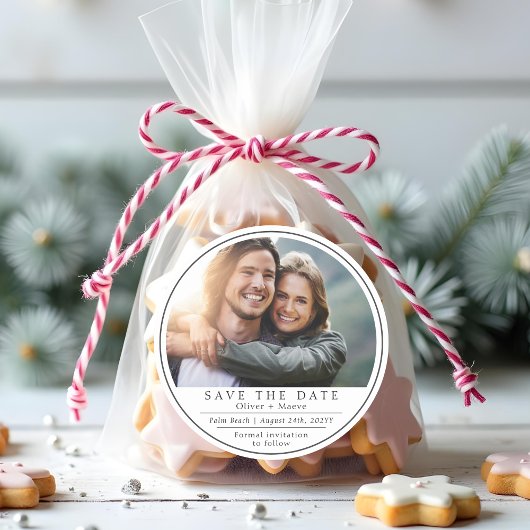 Minimale moderne foto zwart-wit Save The Date Ronde Sticker