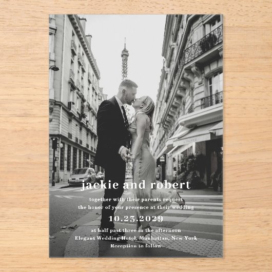 Minimale moderne fotobruiloft acryl uitnodigingen (Voorkant)