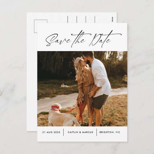 Minimale moderne fotobruiloft bespaart datum na feestdagenkaart (Voorkant / Achterkant)