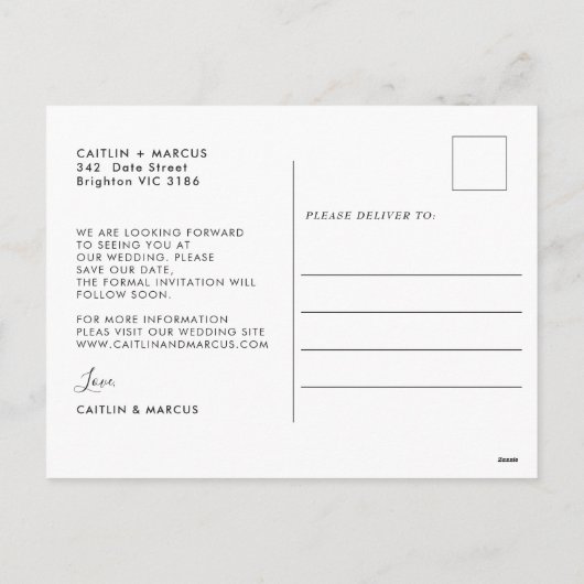 Minimale moderne fotobruiloft bespaart datum na feestdagenkaart (Achterkant)